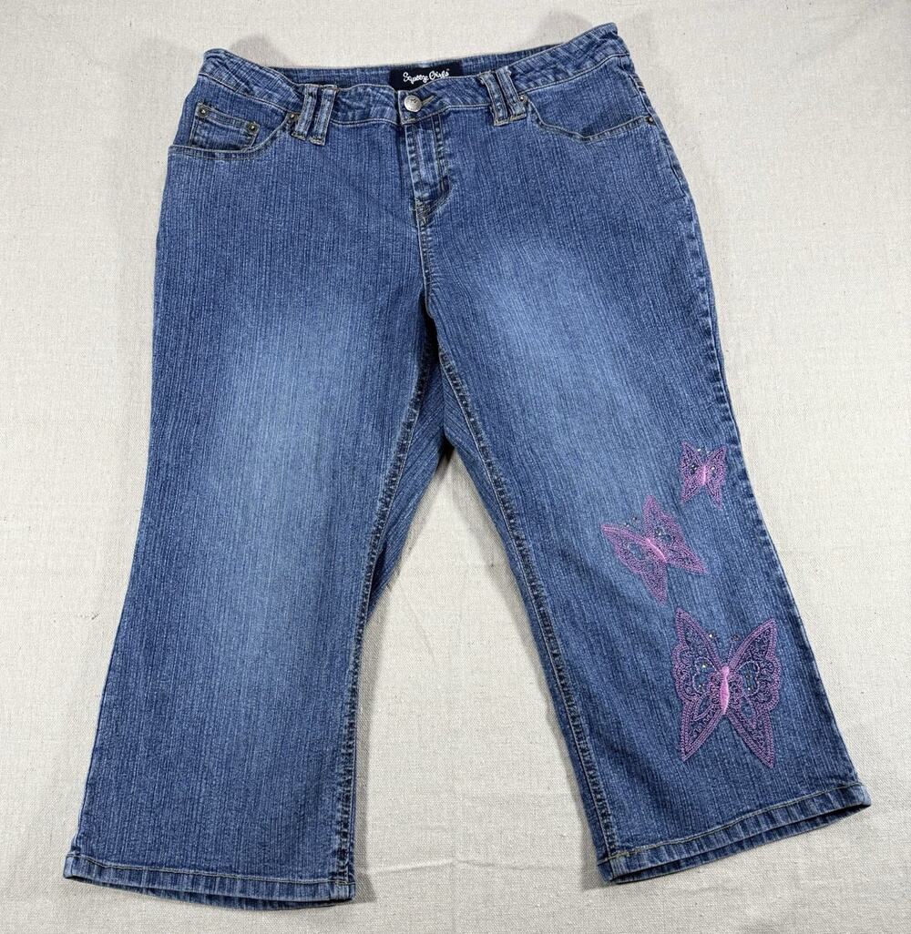 Squeeze Jeans Womens 14.5 Butterfly Embroidered Rhinestone Y2K Capri Denim